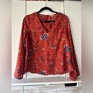 🌺 Lily White Rust Red Floral Blouse Tie Neck Boho Long Sleeve Size L